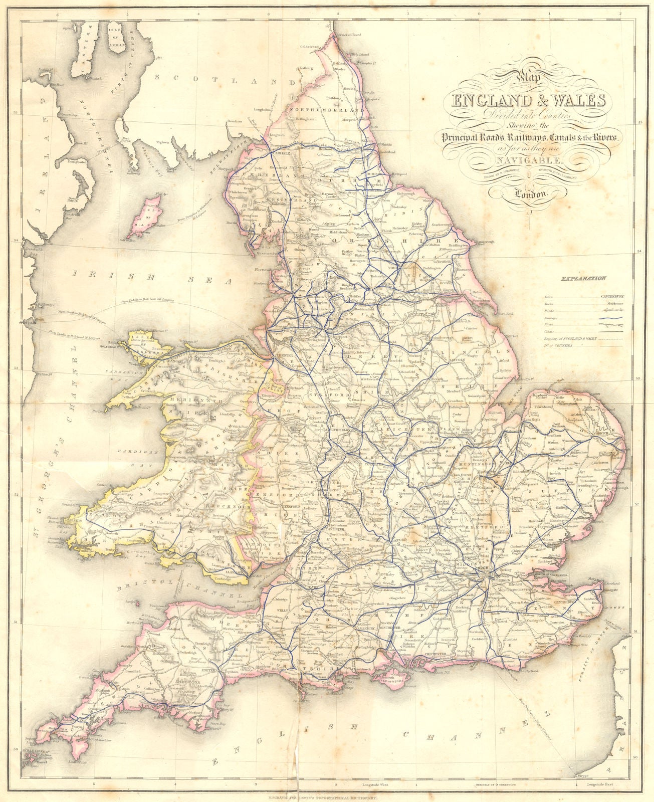 ENGLAND WALES. Roads, rail, canals, rivers. Lewis 1848 old antique map chart